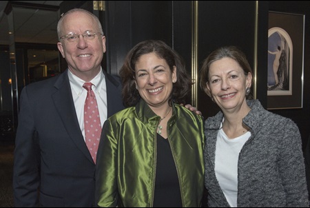 In a photo taken at a celebratory event, three Hematology/Oncology professors pose together: Kevin Fox, MD, Angela DeMichele, MD, and Lynn Schuchter, MD (division chief)